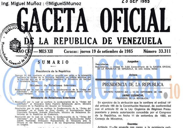 Gaceta Oficial 33311 del 19 Septiembre 1985
