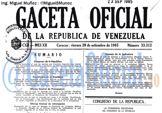 Gaceta Oficial 33312 del 20 Septiembre 1985