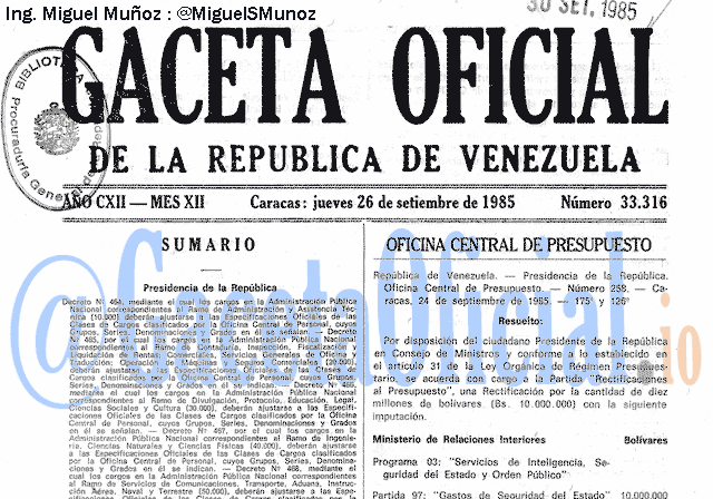 Gaceta Oficial 33316 del 26 Septiembre 1985