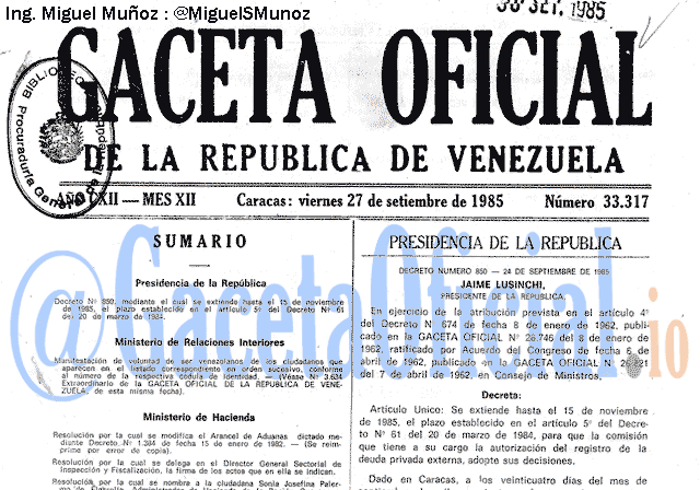 Gaceta Oficial 33317 del 27 Septiembre 1985