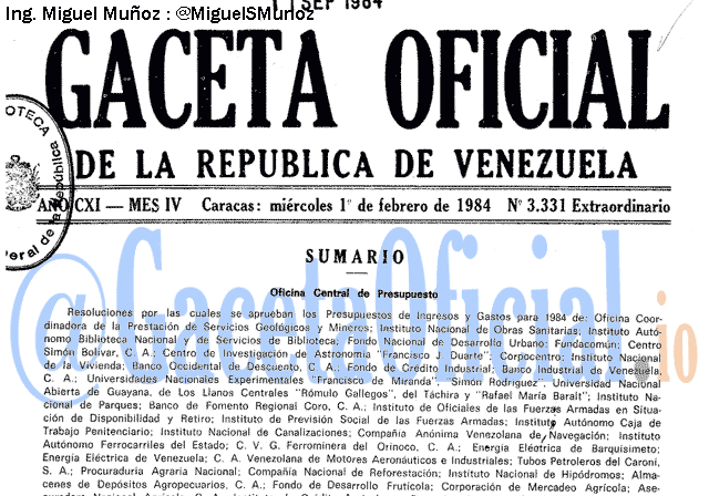 Gaceta Oficial 3331 del 1 Febrero 1984