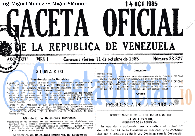 Gaceta Oficial 33327 del 11 Octubre 1985
