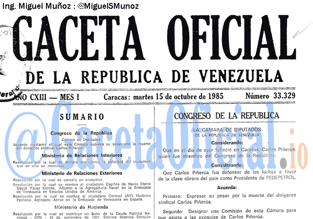 Gaceta Oficial 33329 del 15 Octubre 1985