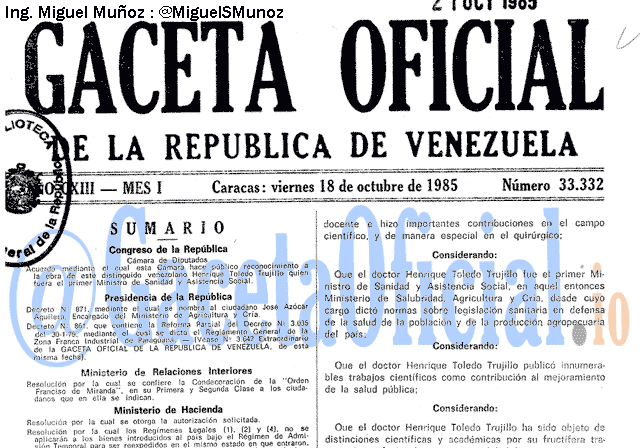Gaceta Oficial 33332 del 18 Octubre 1985