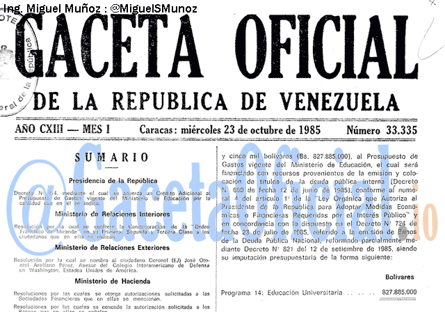 Gaceta Oficial 33335 del 23 Octubre 1985