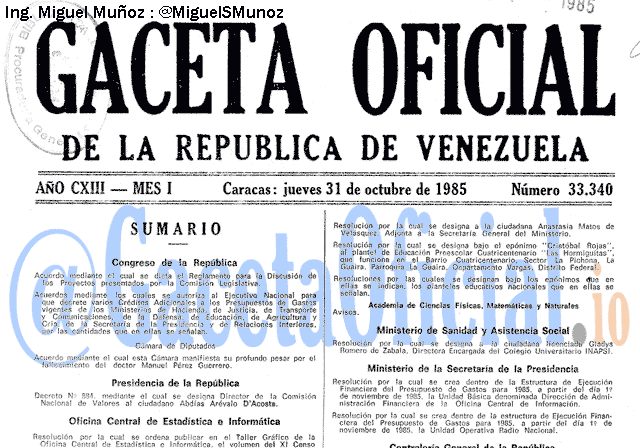 Gaceta Oficial 33340 del 21 Octubre 1985
