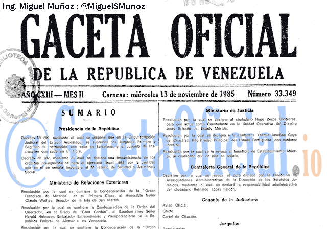 Gaceta Oficial 33349 del 13 Noviembre 1985