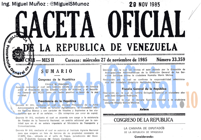 Gaceta Oficial 33359 del 27 Noviembre 1985