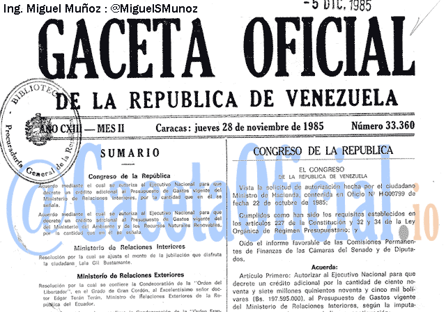Gaceta Oficial 33360 del 28 Noviembre 1985