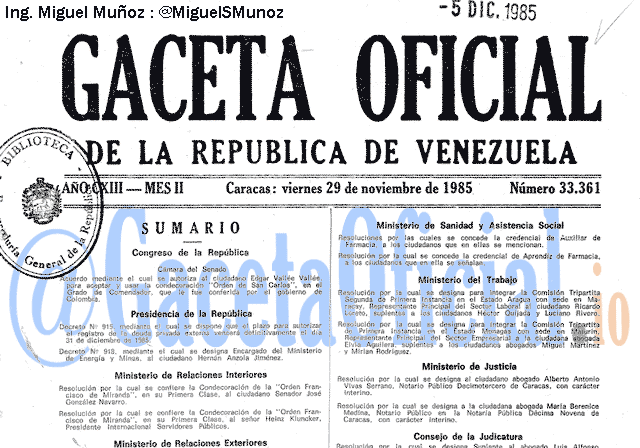 Gaceta Oficial 33361 del 29 Noviembre 1985