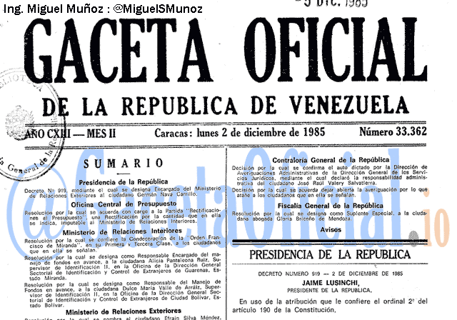 Gaceta Oficial 33362 del 2 Diciembre 1985