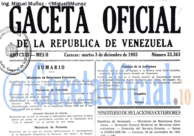 Gaceta Oficial 33363 del 3 Diciembre 1985