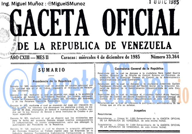 Gaceta Oficial 33364 del 4 Diciembre 1985