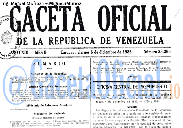 Gaceta Oficial 33366 del 6 Diciembre 1985