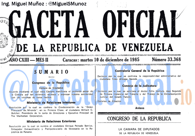 Gaceta Oficial 33368 del 10 Diciembre 1985