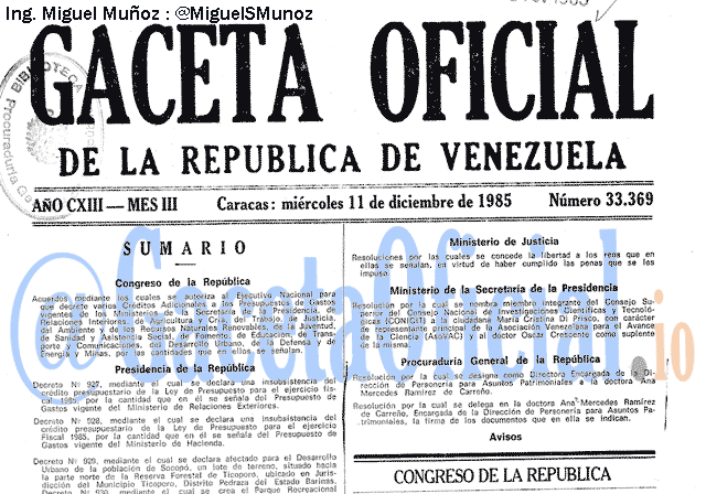 Gaceta Oficial 33369 del 11 Diciembre 1985