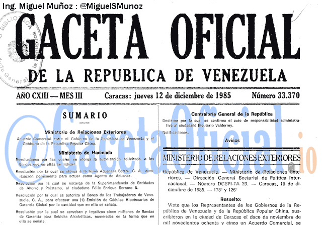 Gaceta Oficial 33370 del 12 Diciembre 1985