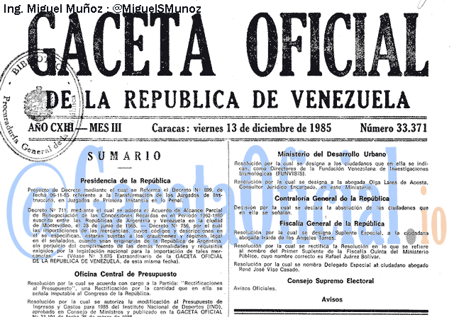 Gaceta Oficial 33371 del 13 Diciembre 1985