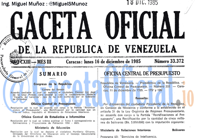 Gaceta Oficial 33372 del 16 Diciembre 1985