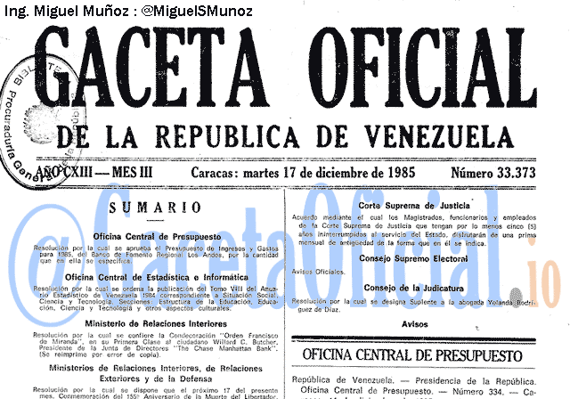 Gaceta Oficial 33373 del 17 Diciembre 1985