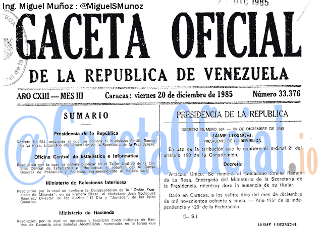 Gaceta Oficial 33376 del 20 Diciembre 1985