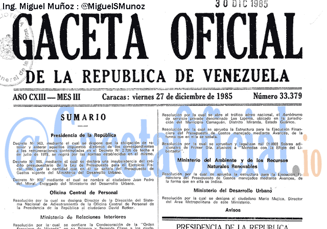 Gaceta Oficial 33379 del 27 Diciembre 1985