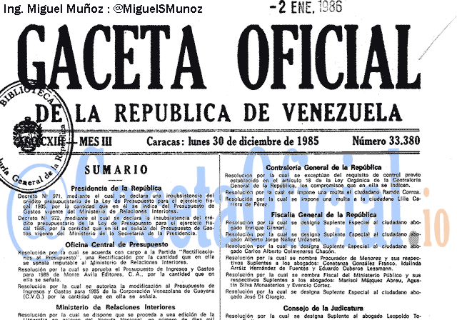 Gaceta Oficial 33380 del 30 Diciembre 1985