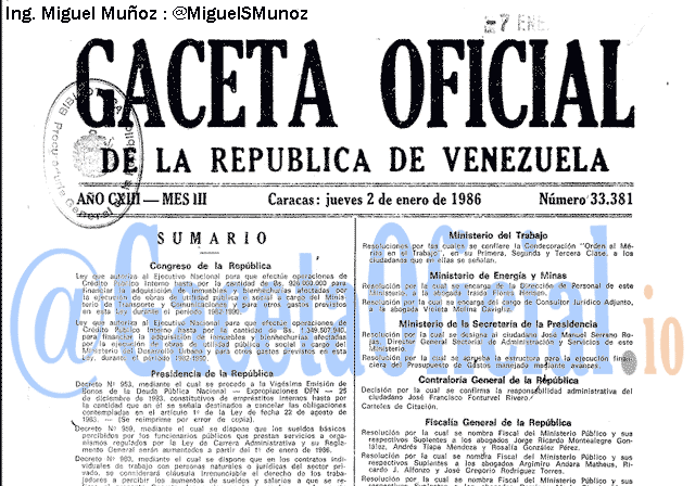 Gaceta Oficial 33381 del 2 Enero 1986