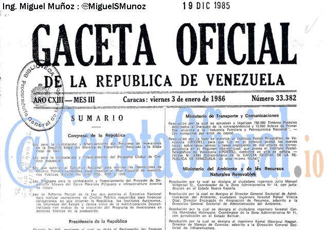 Gaceta Oficial 33382 del 3 Enero 1986