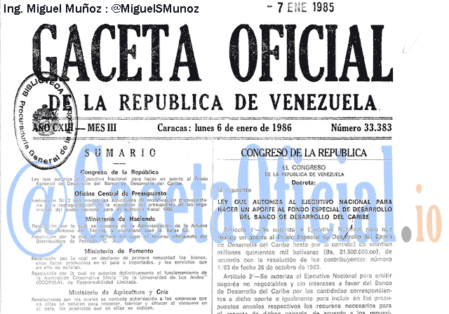 Gaceta Oficial 33383 del 6 Enero 1986