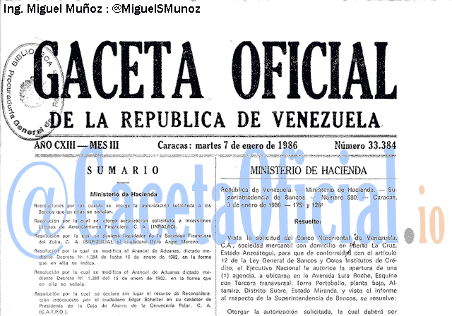 Gaceta Oficial 33384 del 7 Enero 1986