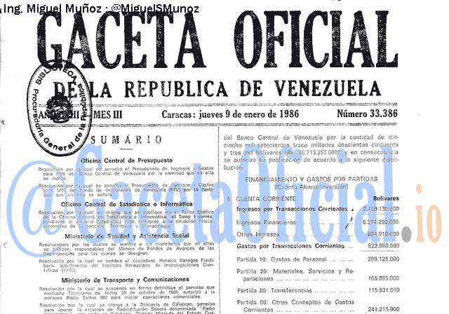 Gaceta Oficial 33386 del 9 Enero 1986