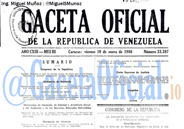 Gaceta Oficial 33387 del 10 Enero 1986