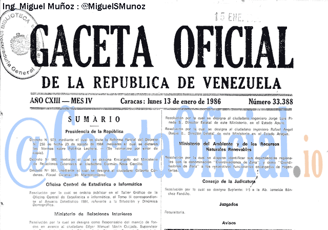 Gaceta Oficial 33388 del 13 Enero 1986