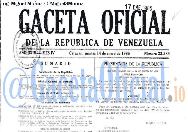 Gaceta Oficial 33389 del 14 Enero 1986