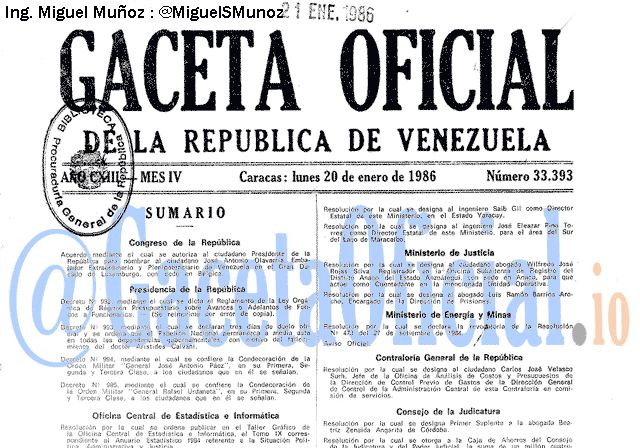 Gaceta Oficial 33393 del 20 Enero 1986