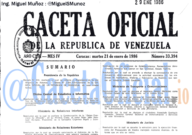 Gaceta Oficial 33394 del 21 Enero 1986