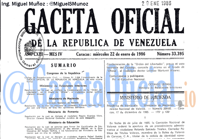 Gaceta Oficial 33395 del 22 Enero 1986
