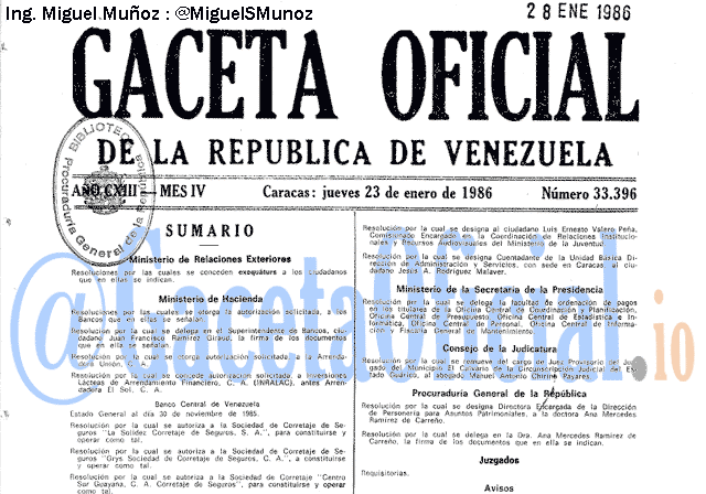 Gaceta Oficial 33396 del 23 Enero 1986