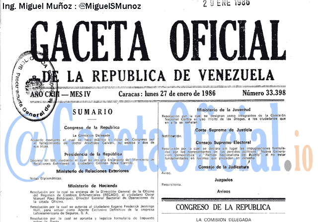 Gaceta Oficial 33398 del 27 Enero 1986