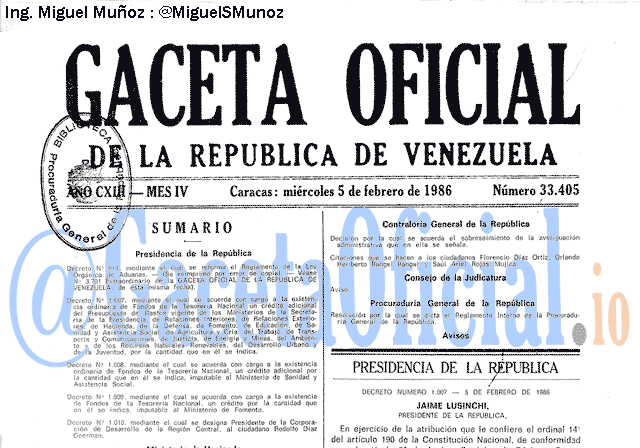 Gaceta Oficial 33405 del 5 Febrero 1986