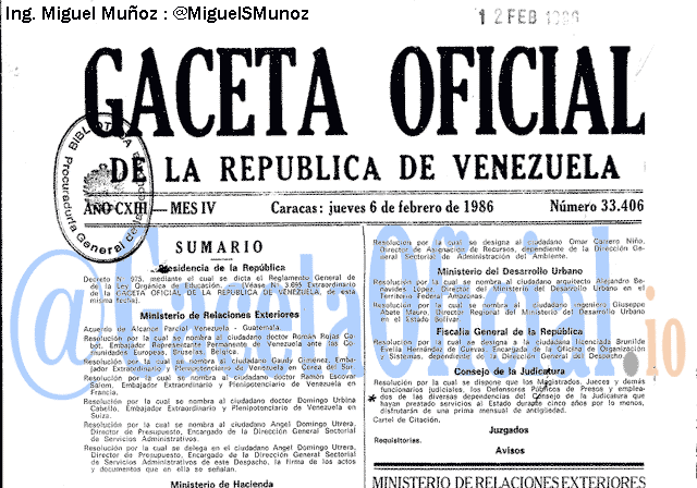 Gaceta Oficial 33406 del 6 Febrero 1986