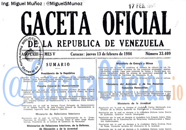 Gaceta Oficial 33409 del 13 Febrero 1986