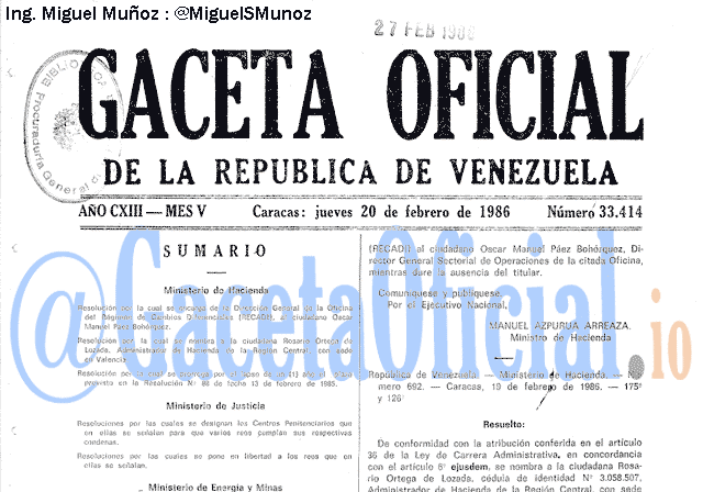 Gaceta Oficial 33414 del 20 Febrero 1986