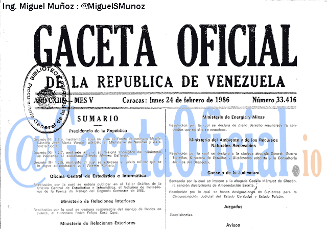 Gaceta Oficial 33416 del 24 Febrero 1986