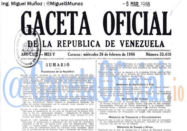 Gaceta Oficial 33418 del 26 Febrero 1986