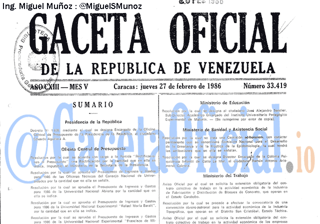 Gaceta Oficial 33419 del 27 Febrero 1986