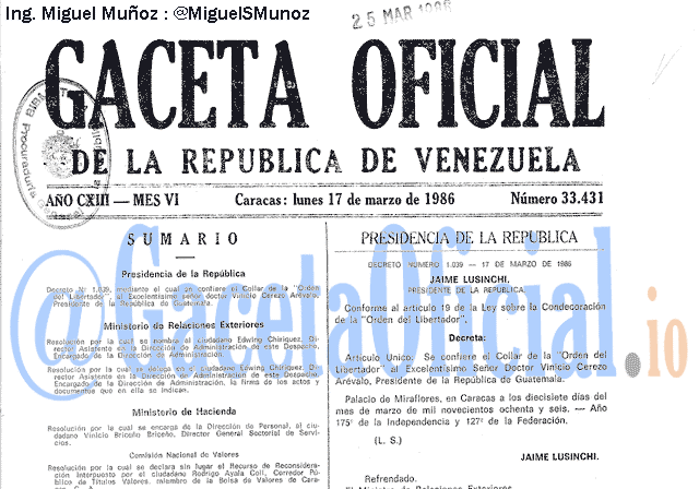 Gaceta Oficial 33431 del 17 Marzo 1986