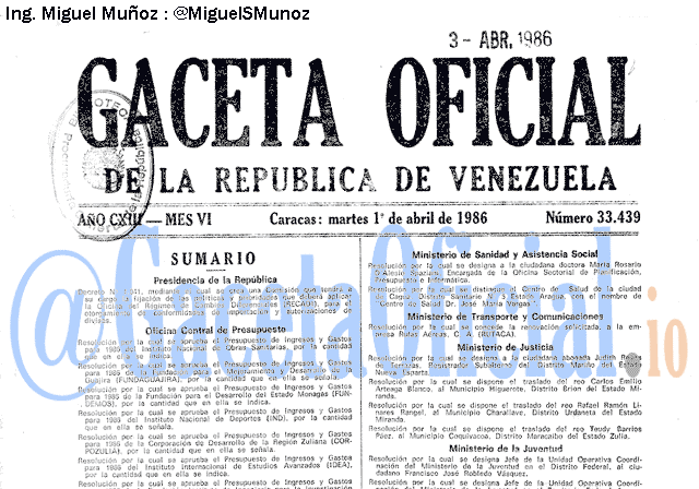 Gaceta Oficial 33439 del 1 Abril 1986