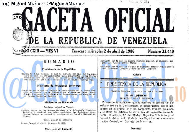 Gaceta Oficial 33440 del 2 Abril 1986